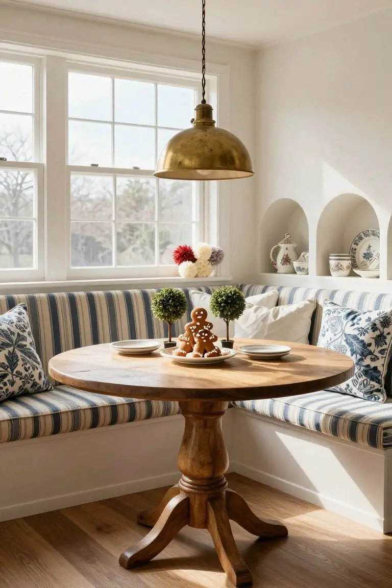 Bright breakfast nook featuring blue-and-white striped banquette seating around a round wooden pedestal table set with plates of gingerbread cookies, flanked by arched shelves with teacups and holiday flowers, under a brass pendant light by large windows.