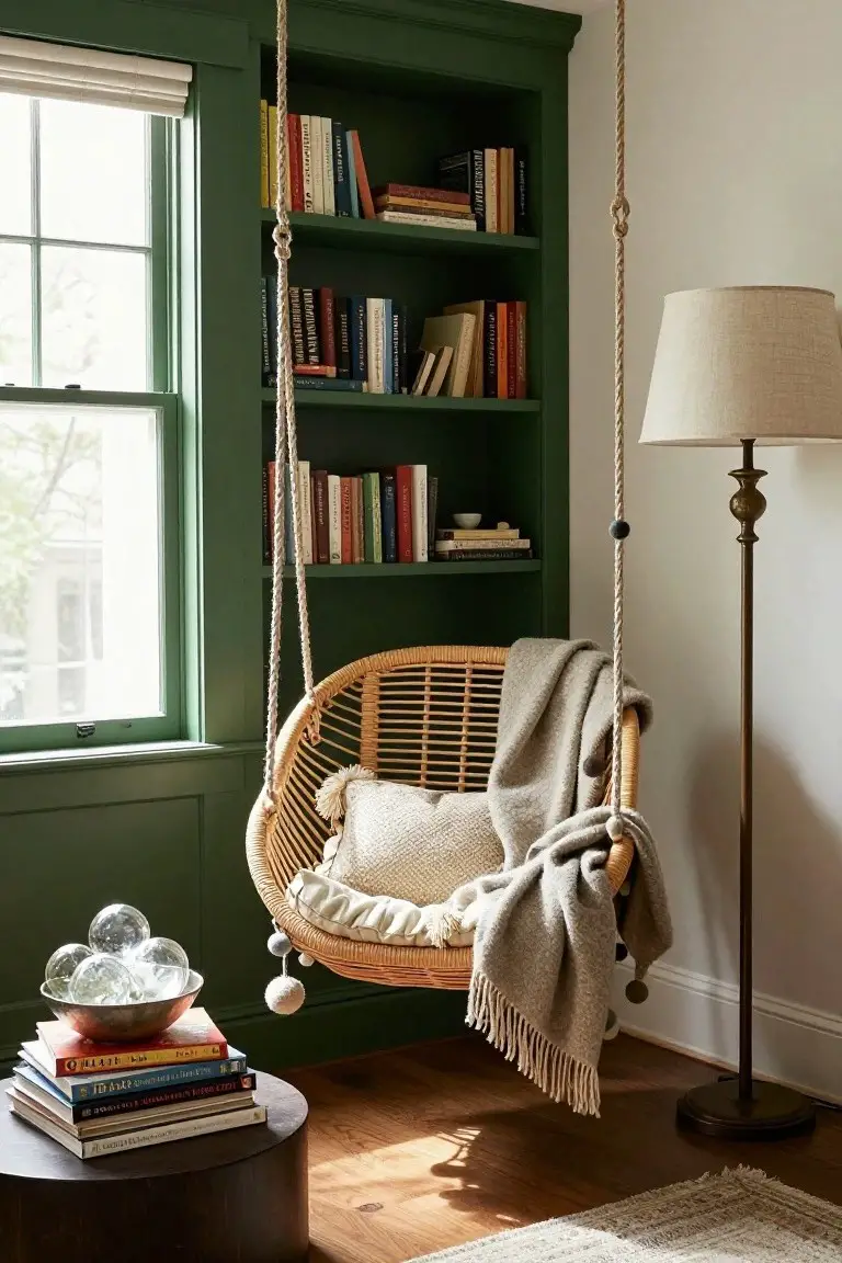 Interior corner with green built-in bookshelves beside a window, a hanging rattan swing chair with gray throw blanket and white pillow, brass floor lamp, wood side table holding books and glass orbs in a silver bowl, and woven rug on wood floor.