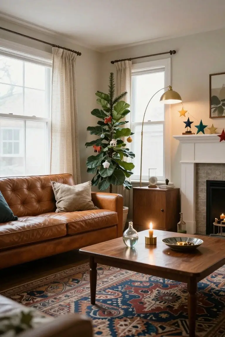 A living room with a potted ficus plant decorated as a Christmas tree with ornaments, lights, and garlands, positioned near a tan leather sofa, wooden coffee table with candles, and a brick fireplace.