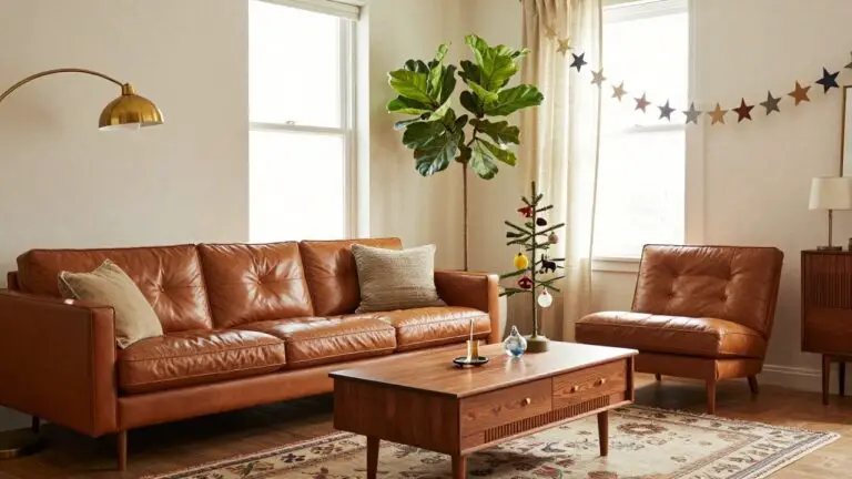 A living room with a potted ficus plant decorated as a Christmas tree with ornaments, lights, and garlands, positioned near a tan leather sofa, wooden coffee table with candles, and a brick fireplace.