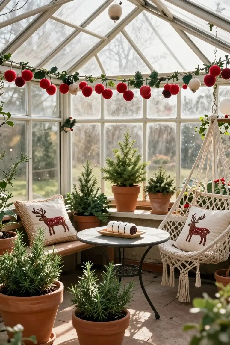 Glass-walled greenhouse conservatory filled with potted plants and small Christmas trees, decorated with red pom-pom garlands and greenery, featuring a wooden bench, macrame hanging chair, round metal table with a pastry roll, and reindeer-embroidered pillows.