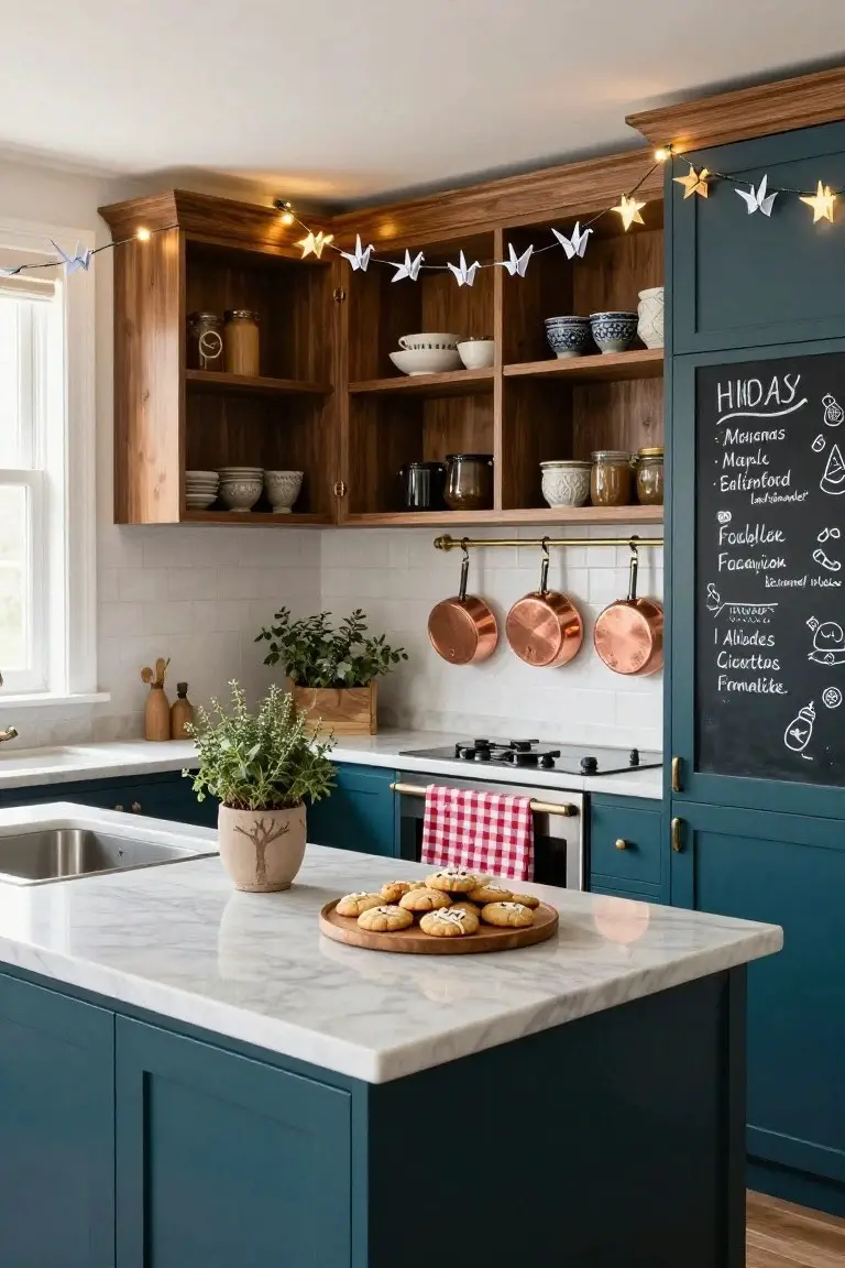 Kitchen with wooden upper cabinets topped by a garland of white origami cranes and yellow fairy lights with paper stars, navy lower cabinets, white subway tile backsplash, hanging copper pots, herb plants, marble island holding a plate of cookies, and a chalkboard listing holiday ingredients.