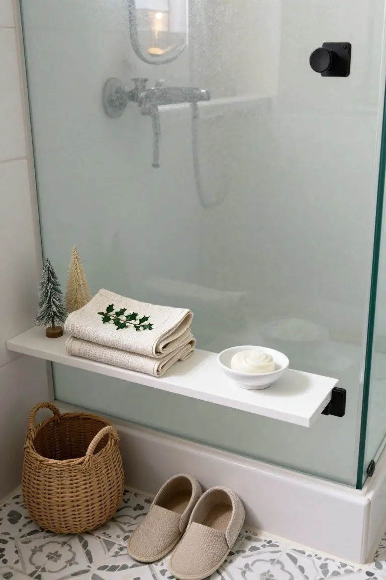 Frosted glass shower enclosure with white shelf holding two small artificial Christmas trees, stacked textured towels embroidered with green holly leaves, and white bowl with bar soap; wicker basket and pair of beige slippers on blue and white patterned tile floor below.