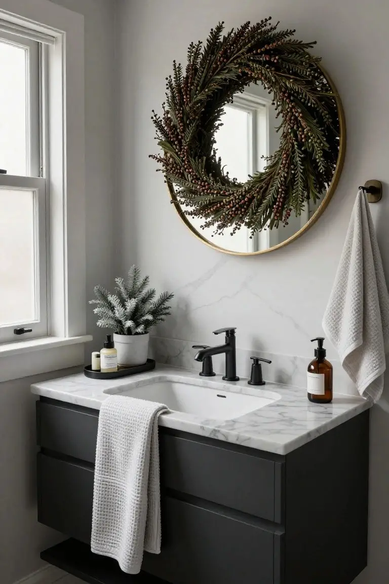Modern bathroom with dark floating vanity, white marble sink and countertop, black faucet, gold round mirror framed by green wreath with berries, small faux Christmas tree in white pot, candles, lotion bottles, and white towels on walls and counter.