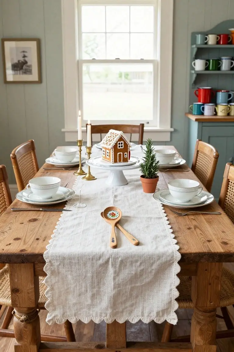 Rustic wooden dining table with gingerbread house on a white pedestal centerpiece, white china bowls and saucers, wooden spoons, candles, and potted rosemary on a white runner, cane chairs, and colorful enamel mugs on shelves in a pale blue paneled room.