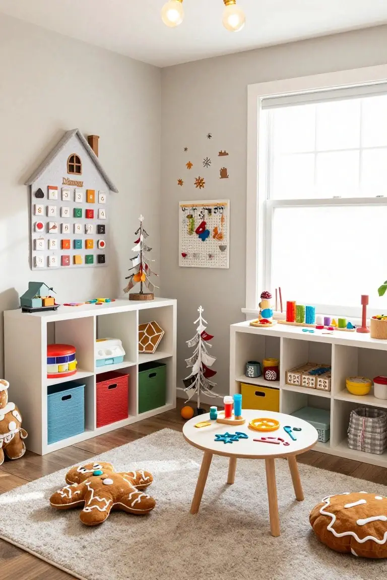 Children's playroom with white cube shelves stocked with colorful toy bins and blocks, a low round wooden table with play pieces, large plush gingerbread man pillows and cushions on a light rug, small decorated trees, and wall decor including an advent calendar house.