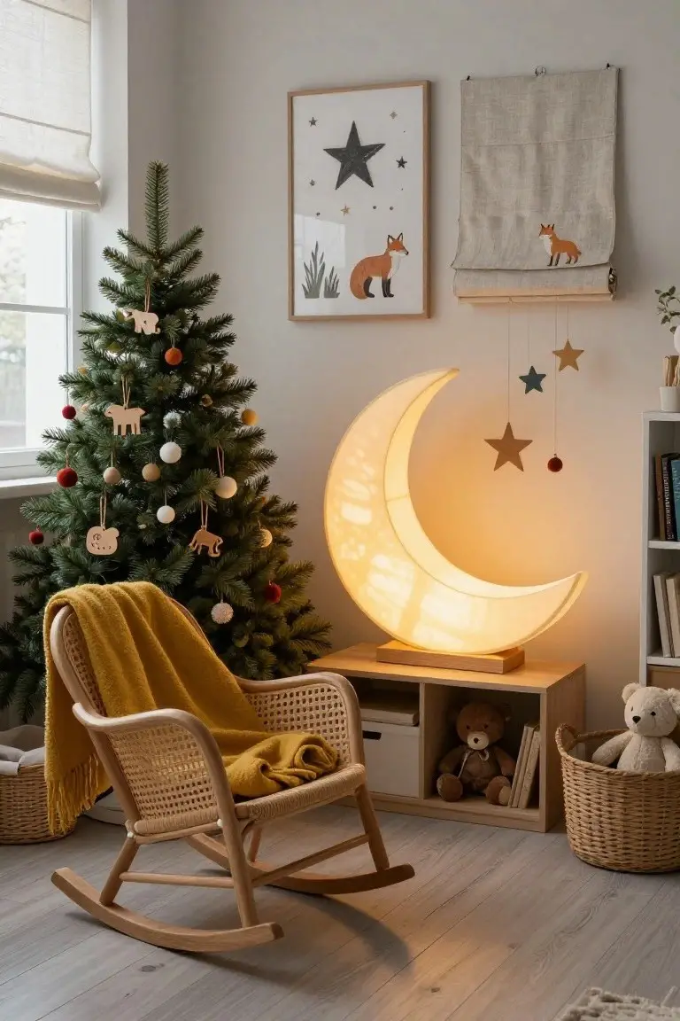 Cozy nursery room with small Christmas tree ornamented with wooden animals and balls, large glowing white fabric crescent moon lamp on wood base, rattan rocking chair with yellow blanket, bookshelves holding teddy bears and books, fox artwork, and hanging stars.