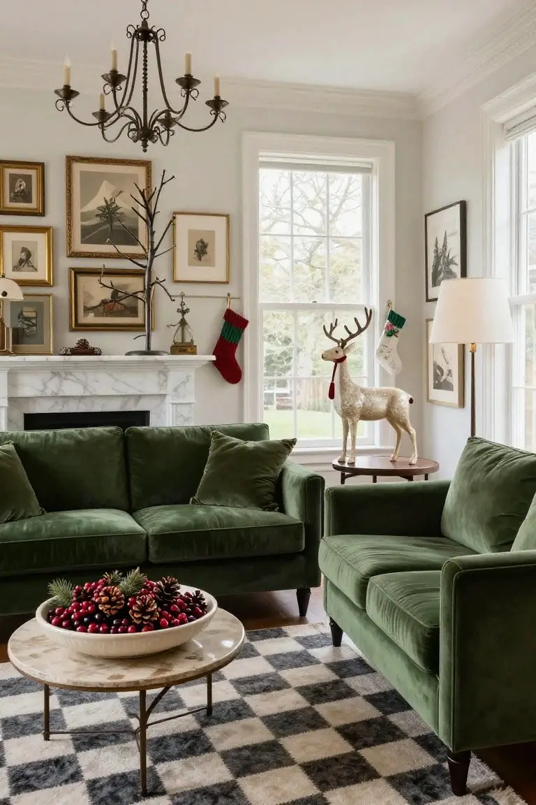Living room featuring two green velvet sofas and an armchair arranged around a round coffee table with berries and pinecones, near a marble fireplace with Christmas stockings and a white reindeer statue on a checkered rug.