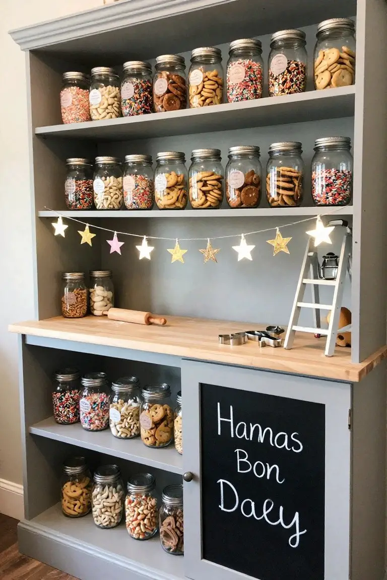 Gray wooden cabinet shelves stocked with glass mason jars filled with cookies, nuts, sprinkles, and candies, a wooden countertop with rolling pin and cookie cutters, small ladder, star fairy lights garland, and chalkboard door labeled 