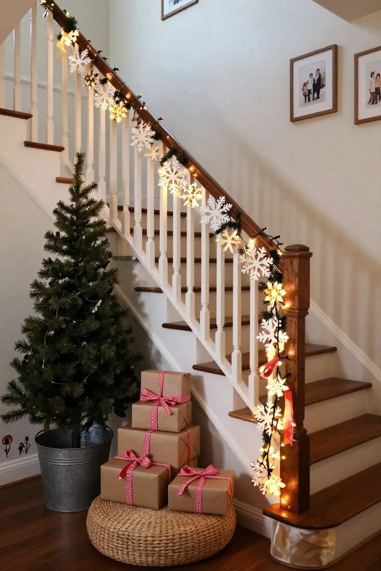 Wooden staircase with white balustrade wrapped in green garland, white paper snowflake ornaments, and white string lights, with a small Christmas tree in a metal bucket and stacked wrapped gifts on the floor nearby.