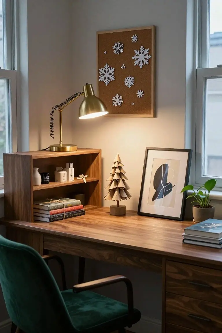 Corner home office with wooden desk and green velvet chair, open walnut shelf holding small folded paper Christmas trees, books, and jars next to a corkboard pinned with white paper snowflakes, brass adjustable lamp lit, and abstract framed art.