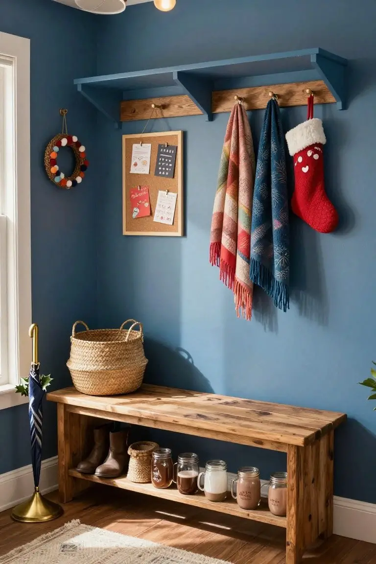 Blue interior wall corner with wooden shelf and hooks holding multicolored scarves and red Christmas stocking, cork bulletin board with holiday cards and notes, wooden bench below with boots, jars of drinks, wicker basket, umbrella, and floor rug.