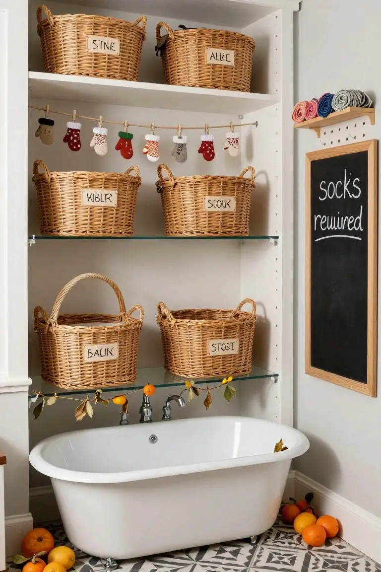Bathroom with open wooden shelves holding labeled wicker baskets, mini knitted mittens on a clothesline garland, rolled colorful socks on a shelf next to a chalkboard sign reading 