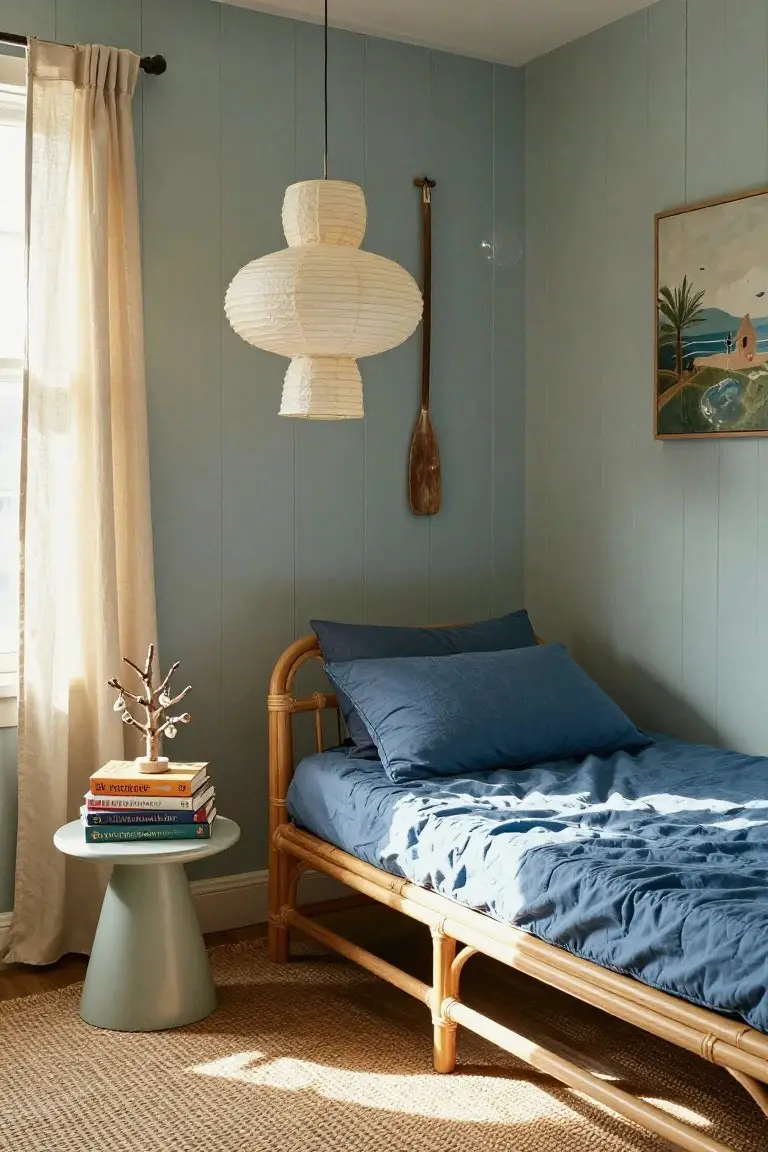 Corner of a light blue paneled bedroom with a rattan single bed covered in navy blue linens, a stack of colorful books on a green drum-shaped side table next to a branch sculpture with shells, a double paper lantern hanging from the ceiling, and a wooden paddle mounted on the wall beside a beach scene painting.