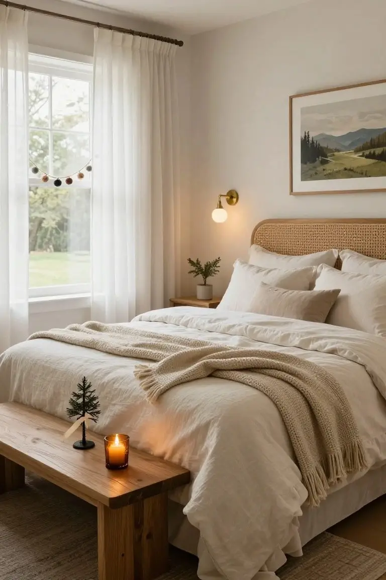 Serene bedroom with rattan headboard bed draped in white linen bedding and knit throw, wooden bench at foot holding small Christmas tree and lit glass candle, sheer curtains on window, landscape artwork on wall, potted plant on nightstand.