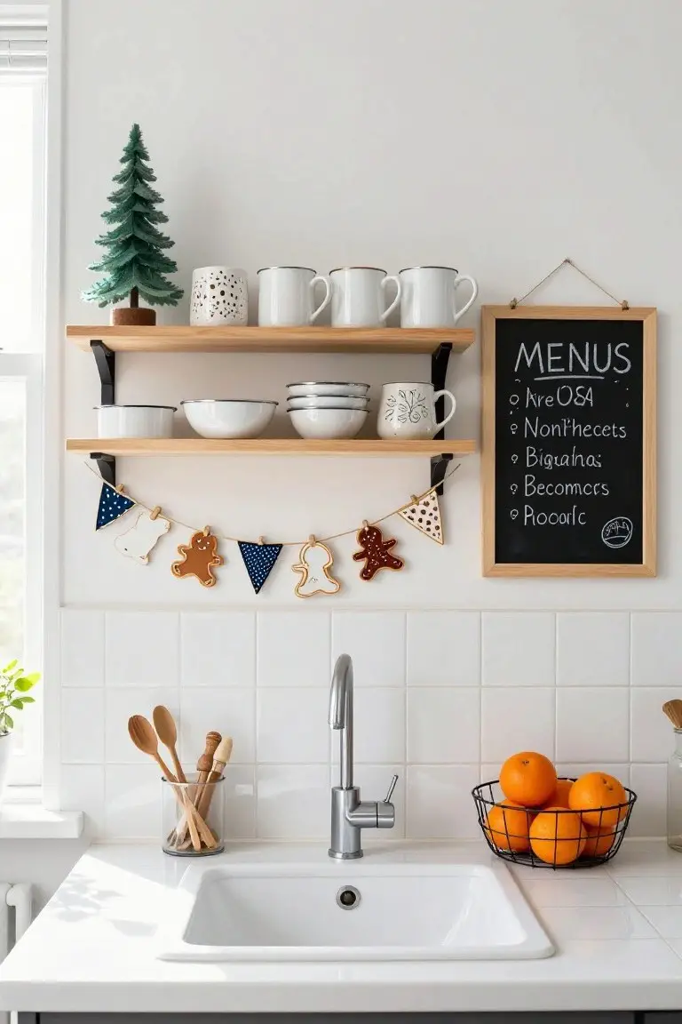 Kitchen with white tiled walls and counter, wooden shelves holding white bowls and mugs, small artificial Christmas tree, gingerbread and fabric bunting garland, chalkboard menu reading 
