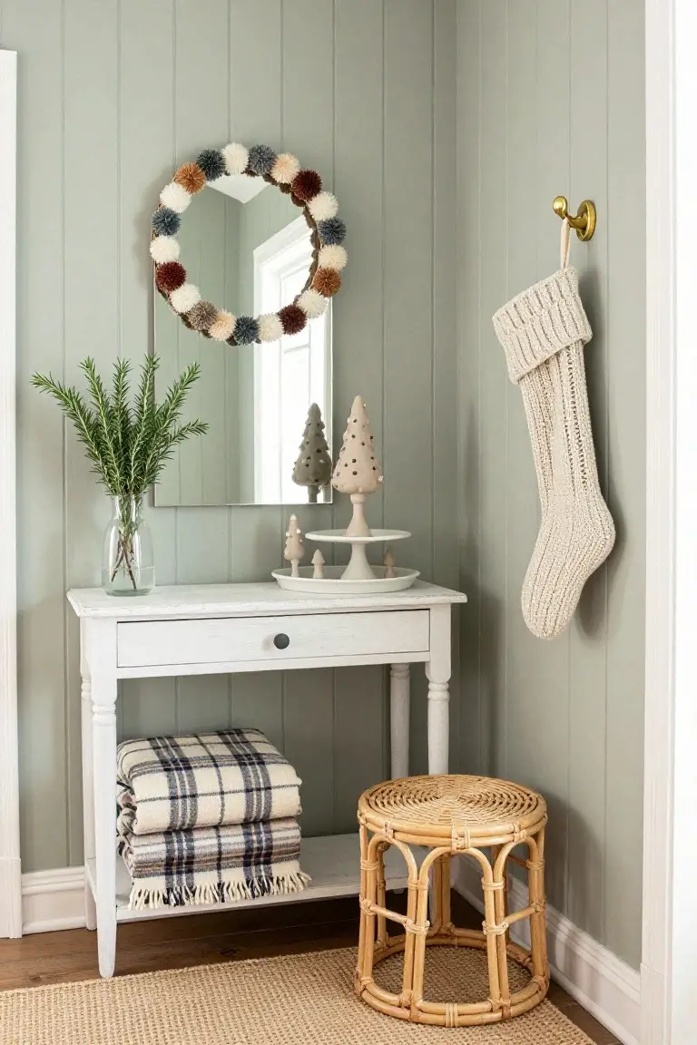 Corner of a sage green paneled room with a white console table holding plaid blankets, a vase of rosemary, and mini Christmas trees on a stand, a round mirror framed by colorful pom-poms, a white knit stocking on a wall hook, and a rattan stool on a jute rug.