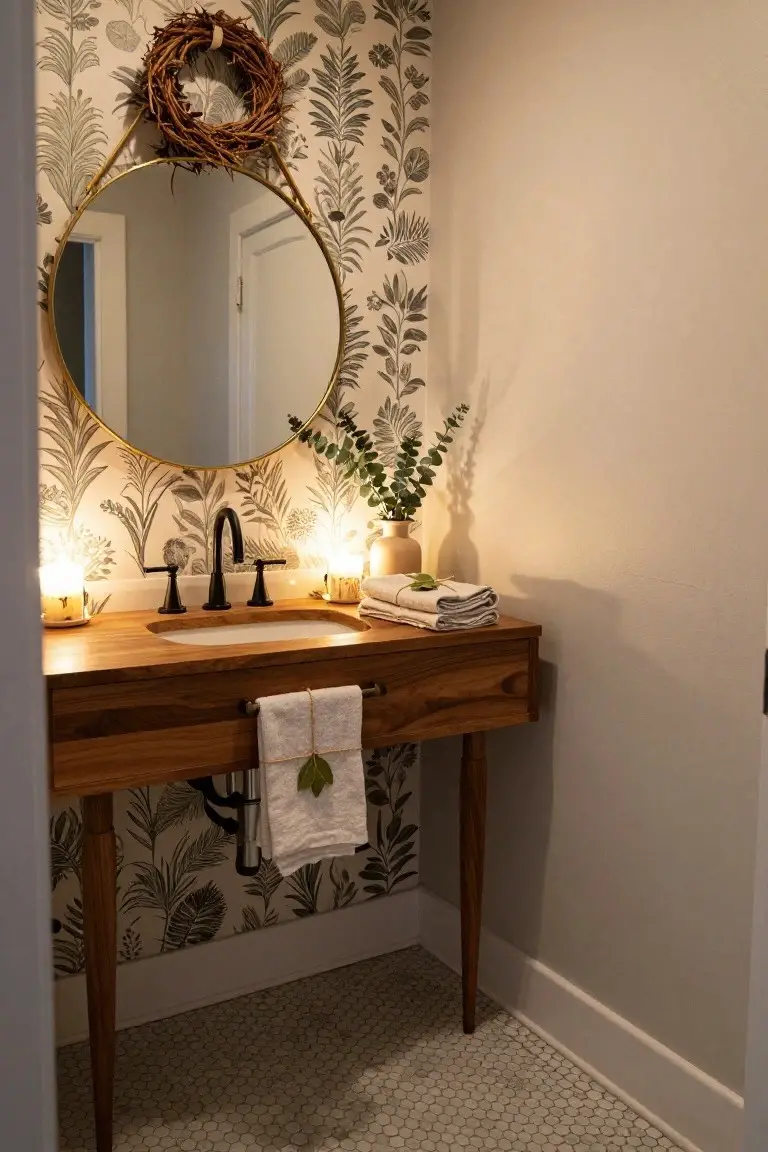 Gold arched mirror with a brown wreath hanging on it above a wood console vanity sink in a powder room with palm leaf wallpaper, eucalyptus in a vase, candles, and folded towels.