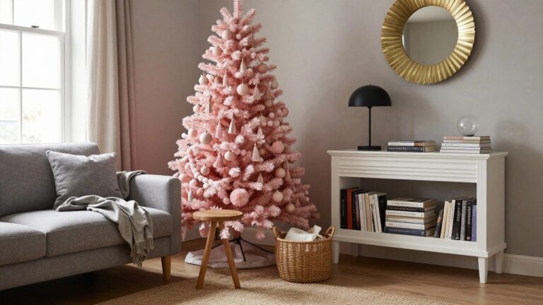Living room corner with tall artificial pink Christmas tree decorated in pink tassels, pom poms, glass balls, and ribbons, beside gray sofa, gold sunburst mirror, wooden side table, and woven basket.