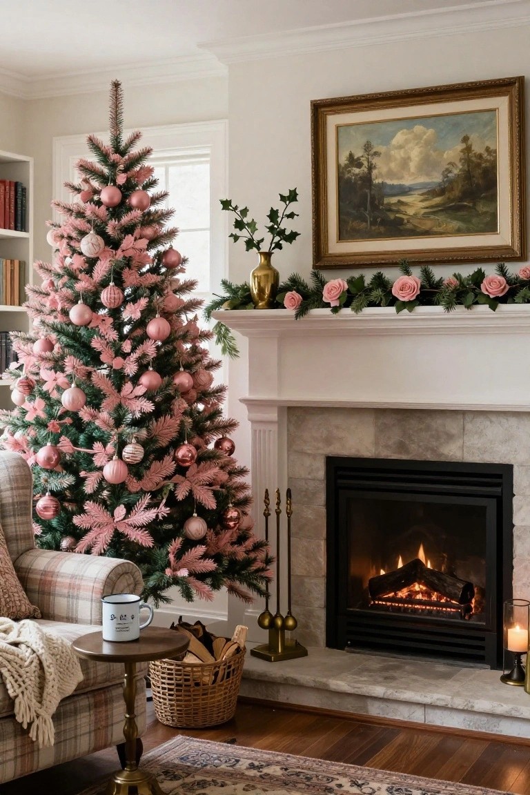 A living room with a tall flocked pink artificial Christmas tree decorated in pink, gold, and white ornaments positioned next to a lit stone fireplace, pink rose garland on the mantel, a plaid armchair with throw nearby, and candles on side tables.