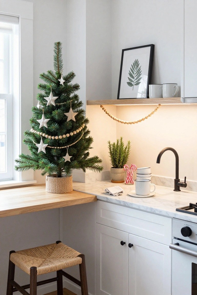 Small green Christmas tree decorated with white star ornaments and wooden bead garlands sits on a rattan-wrapped pot on a wooden kitchen countertop corner beside a white sink, cabinets, plants, and stacked white mugs.
