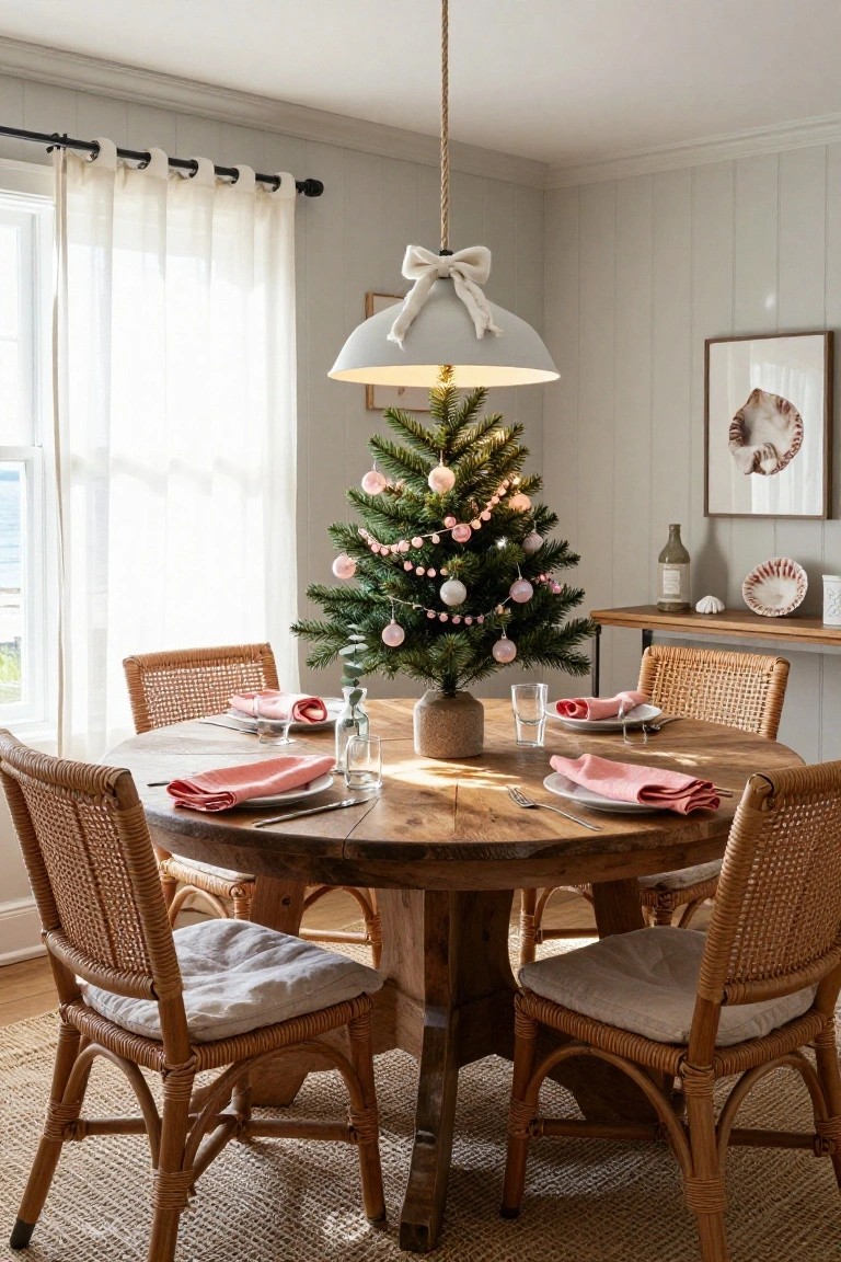 Small Christmas tree with pink ornaments and lights on a round wooden dining table set with pink napkins and glassware, surrounded by rattan chairs in a light gray paneled room with sheer curtains and a pendant lamp.