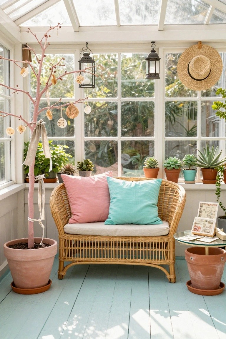 Sunroom interior with glass walls and ceiling featuring a tall pink branch decorated with shell and bead ornaments in a large terra cotta pot next to a wicker armchair with pink and teal cushions, various potted plants on windowsills, and a small glass table.