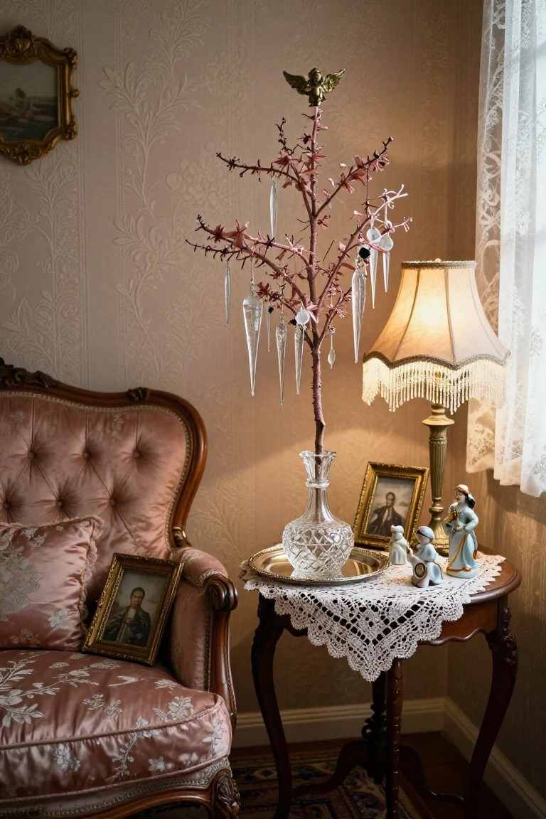 A tall artificial Christmas tree with bare pink branches and glass icicle ornaments stands in a cut crystal vase on a lace-covered side table in a vintage room corner, beside a pink velvet armchair, with porcelain figurines, a fringed lamp, and antique frames nearby.