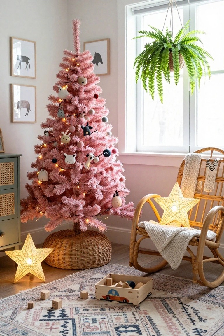 A lit artificial pink Christmas tree decorated with knit animal ornaments and pink balls in a room with rattan furniture, hanging plants, framed animal art, and wooden toys on a patterned rug.
