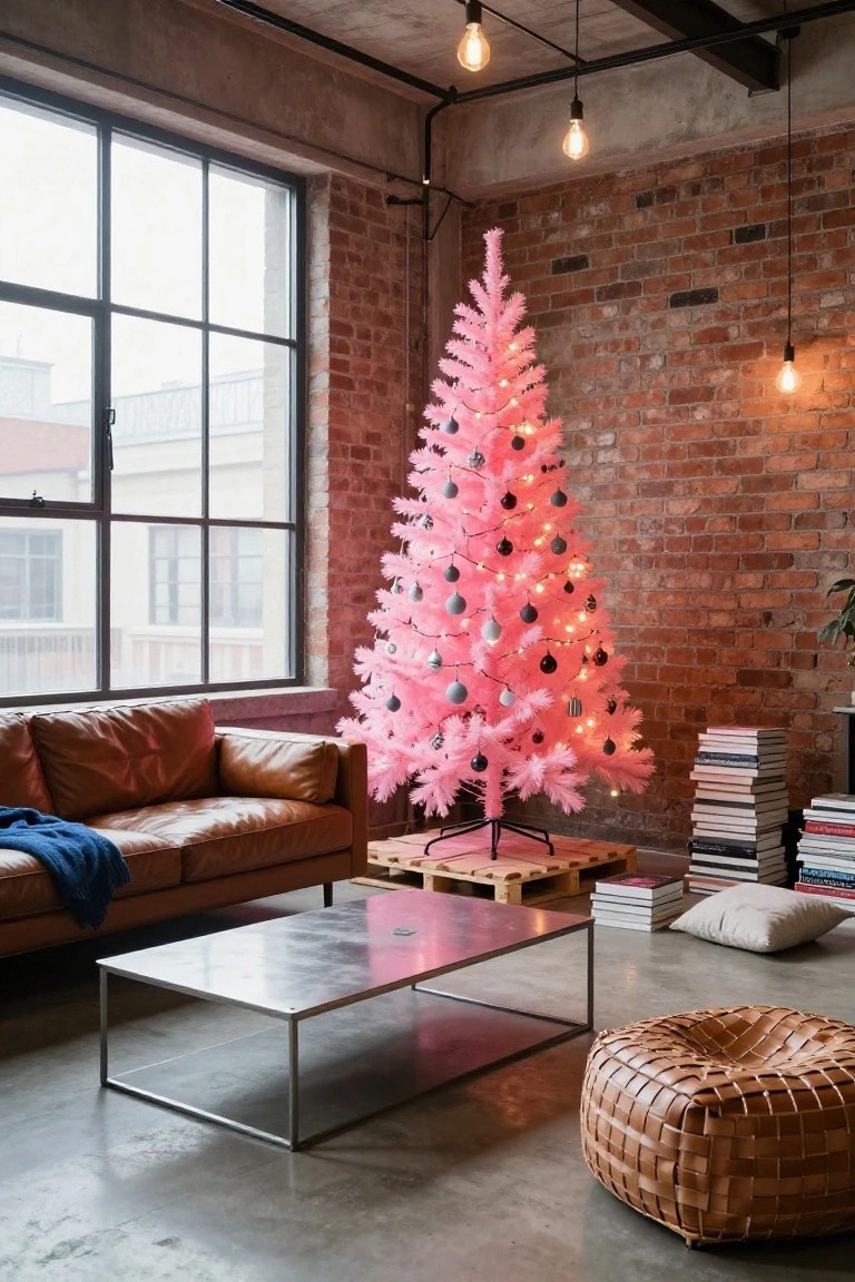 Industrial loft living room with tall pink artificial Christmas tree decorated in gray and black ornaments, brown leather sofa, metal coffee table on concrete floor, exposed brick walls, large windows, and hanging bulb lights.