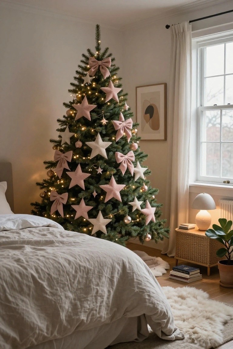 A green Christmas tree decorated with pink fabric bows and felt stars stands in the corner of a bedroom beside a bed with rumpled white linens, a bedside table with lamp and books, and a potted plant on a woven stool.