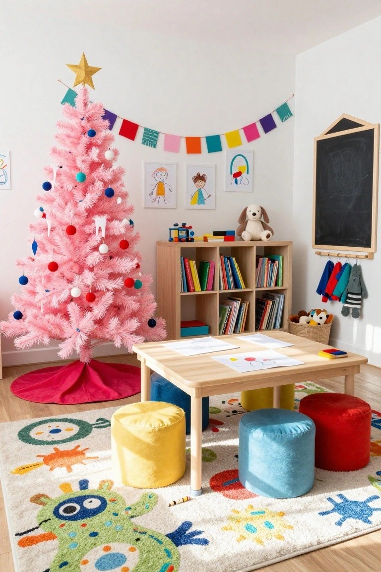Pink artificial Christmas tree decorated with multicolored ornaments and a gold star in a children's playroom featuring wooden bookshelves, a low table with papers, colorful stools, and a patterned rug.