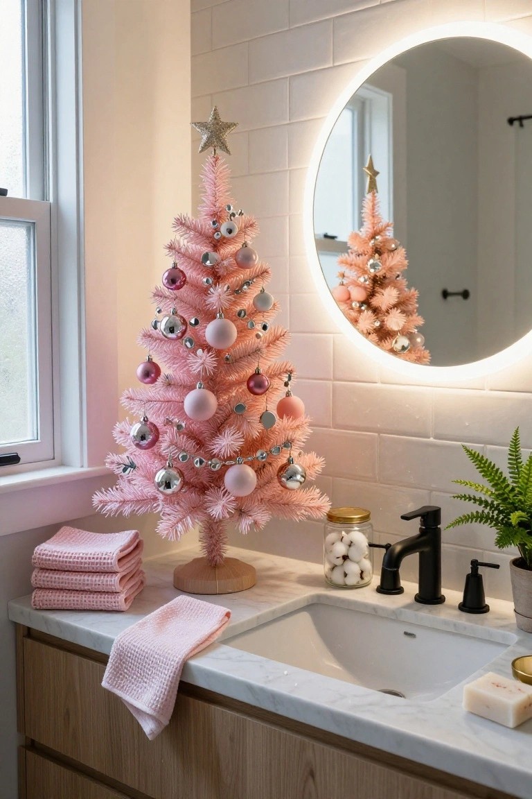 Small artificial pink flocked Christmas tree with pink, silver, and metallic ornaments on a wooden base placed on marble bathroom countertop next to white sink, black faucet, pink towels, cotton balls jar, soap dish, fern plant, and round backlit mirror reflecting the setup against white subway tile walls.