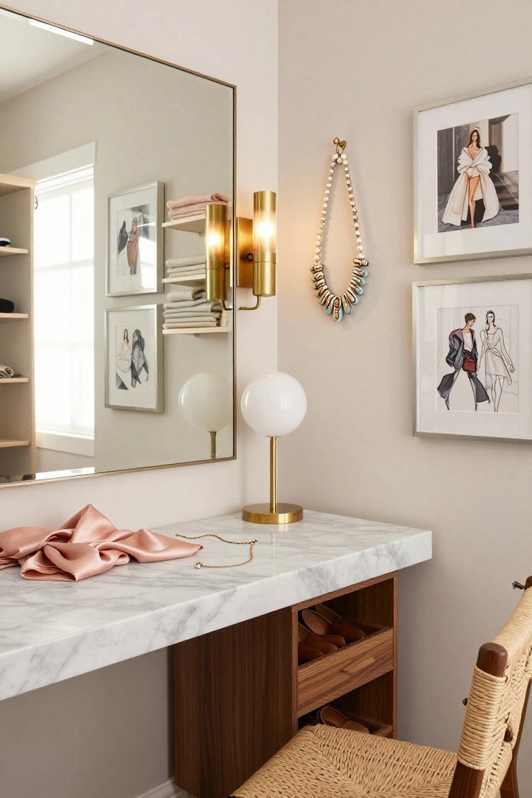 Gold-framed mirror above a white marble vanity countertop with pink satin fabric draped across it, gold globe lamp, fashion illustration prints on walls, and wooden storage cabinet with rattan chair in a beige room.