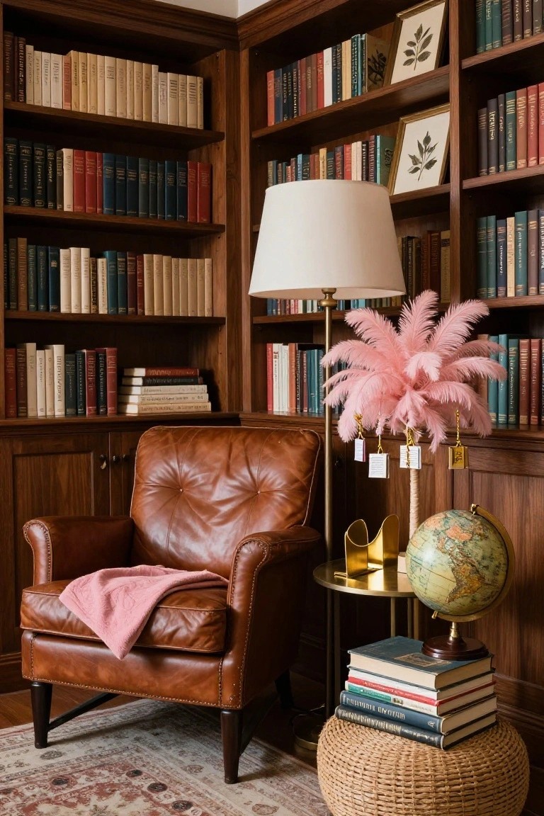 Wooden bookshelves filled with books surround a brown leather armchair with a pink blanket, a side table holding a globe and stacked books, a floor lamp, and a tall pink feathered decoration with hanging gold chains and tags on a thin pole.
