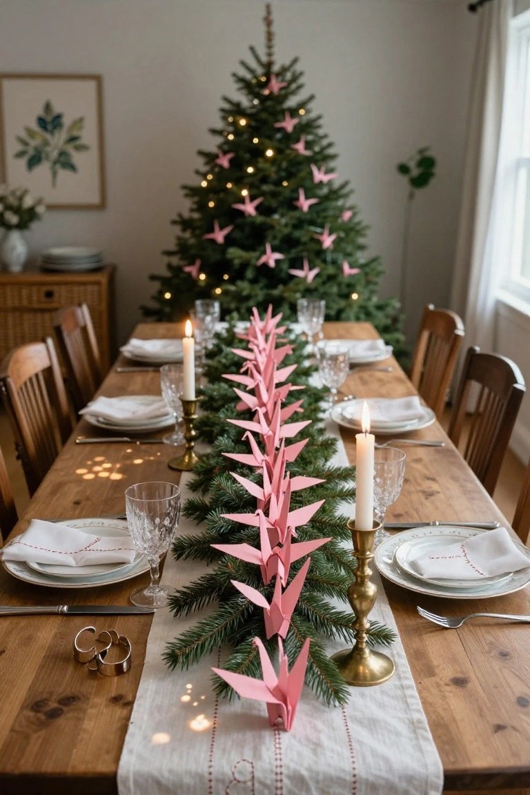 Dining table decorated for Christmas with a long runner of pink origami cranes interspersed with evergreen branches, white plates, glasses, lit candles, and a pink-ornamented Christmas tree in the background.