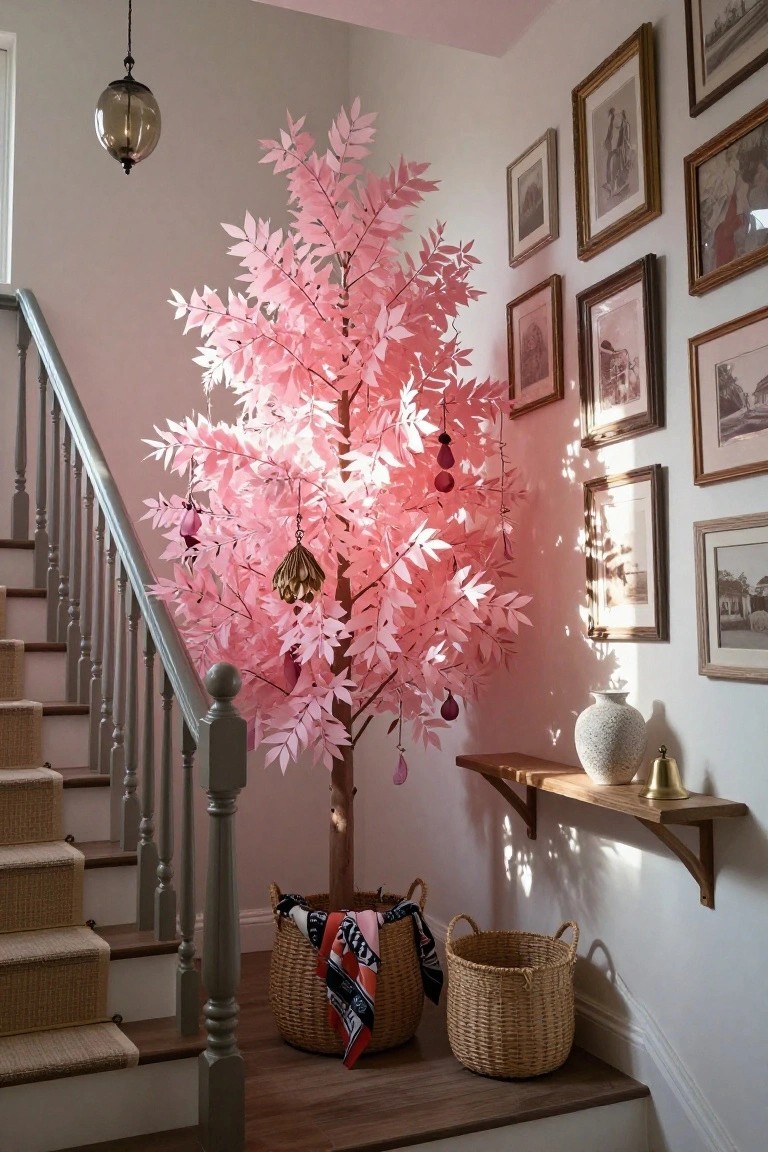 Tall artificial Christmas tree with pink paper leaves and ornaments placed next to a gray wooden staircase in a light hallway with framed pictures on walls, wicker baskets on the floor, and a pendant light overhead.
