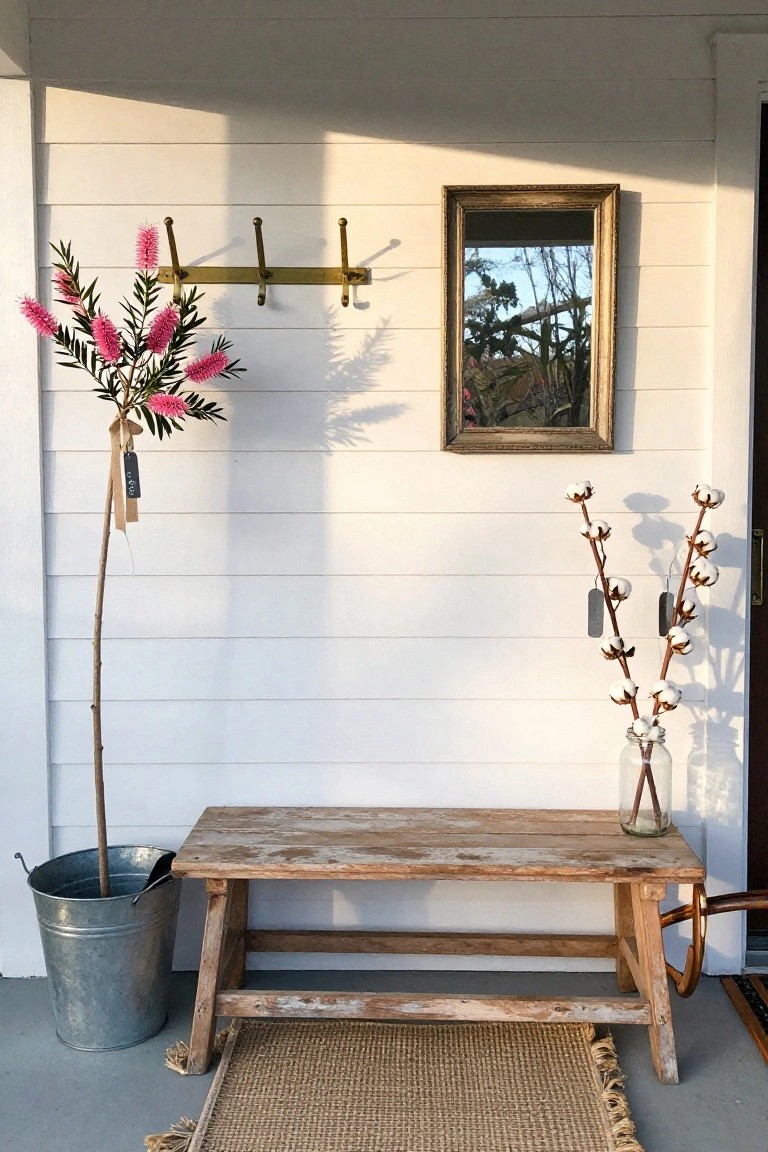 Rustic wooden bench on a white shiplap porch wall beside a galvanized bucket holding a shovel, a tall potted bottlebrush plant with pink fluffy flowers, a jar of cotton bolls stems, brass coat hooks mounted on the wall, an antique mirror above, and a seagrass rug on the floor.