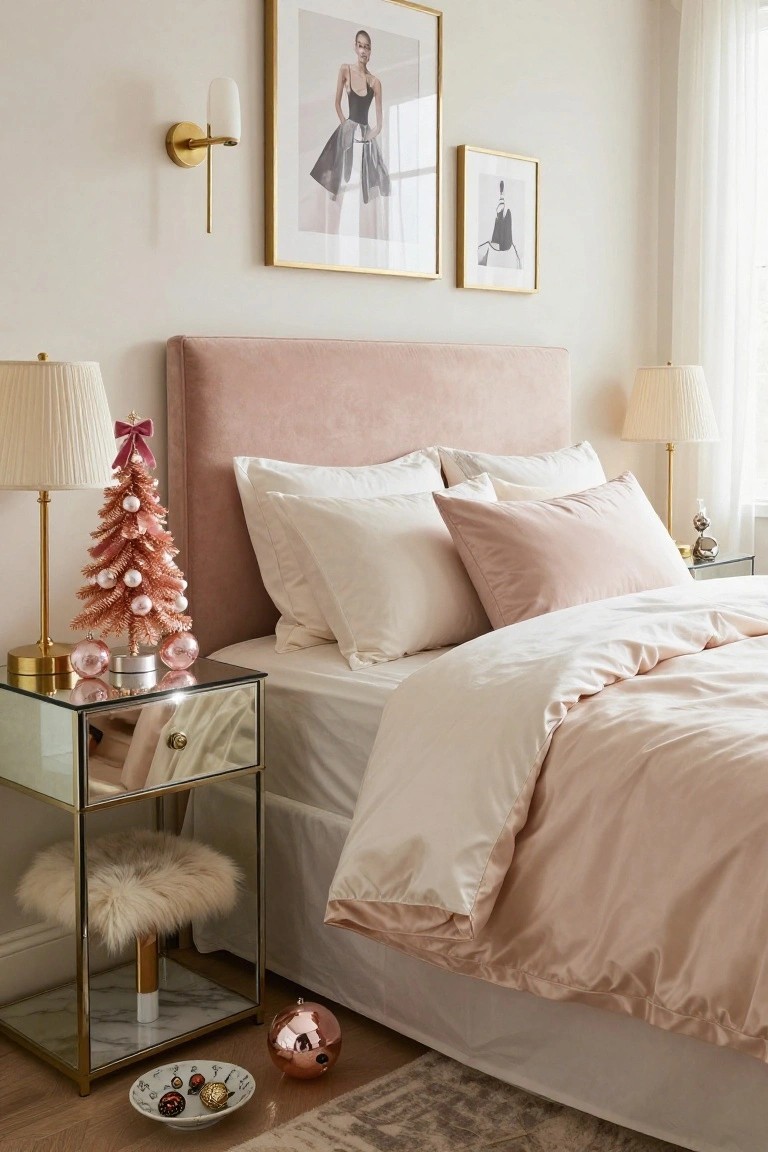Blush pink velvet upholstered bed with white and pink satin bedding in a light beige bedroom, rose gold mini Christmas tree with white ornaments on a mirrored glass nightstand, gold lamps, framed art on walls, and scattered holiday ornaments on the floor.