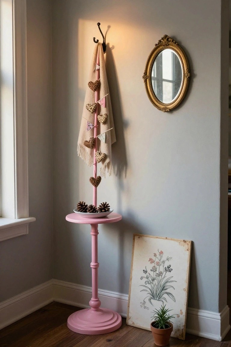 Pink coat rack decorated with crochet heart garlands and a draped scarf stands in a light gray room corner beside a matching pink pedestal table holding pinecones, with an oval gold mirror, framed botanical print, and potted plant nearby.
