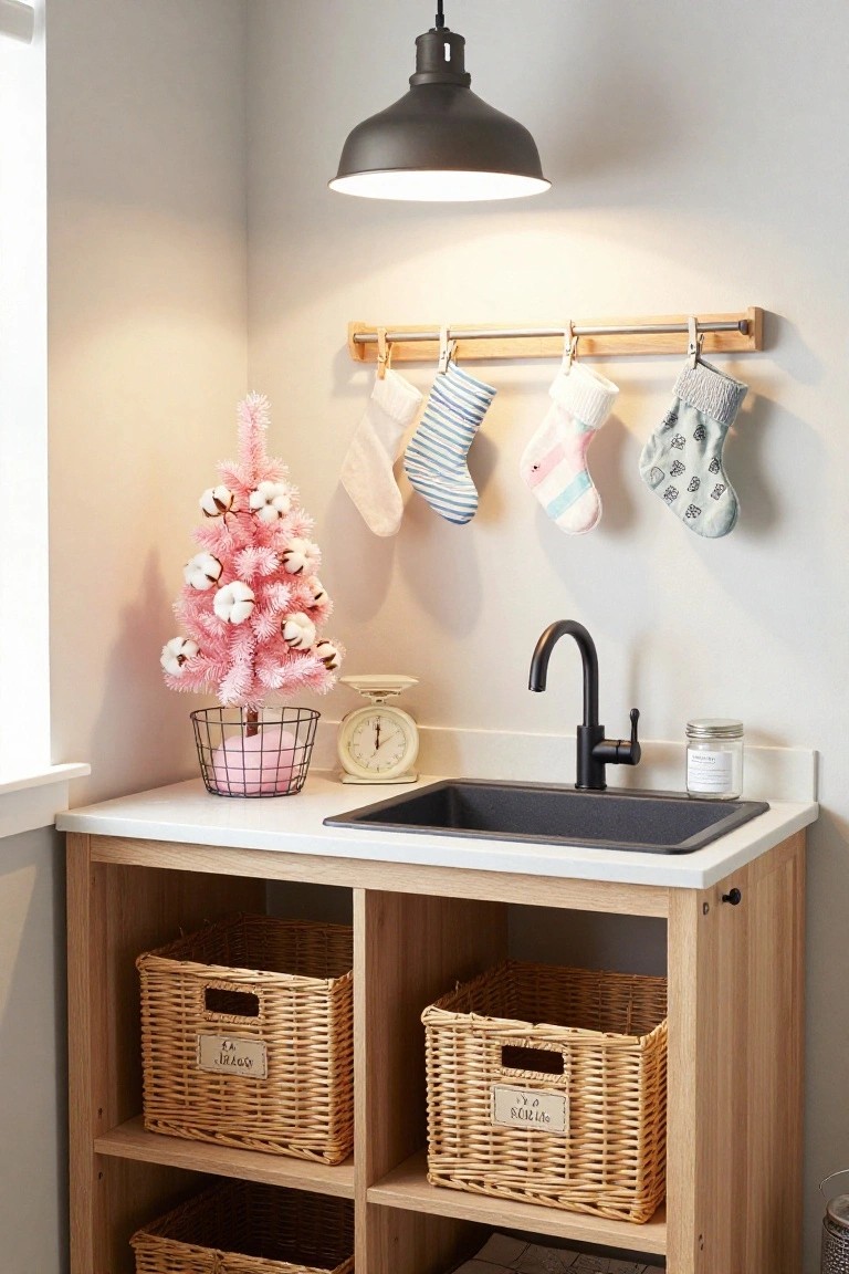 Small pink artificial Christmas tree with white cotton bolls on a white wire basket on wooden laundry counter next to black sink, scale, clock, wooden cabinets with woven baskets, and hanging stockings on a rod above.