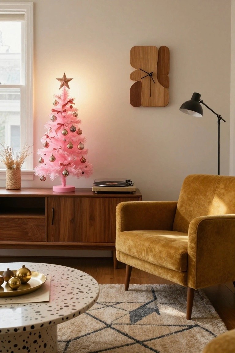 A small lit pink flocked artificial Christmas tree with metallic gold ornaments and red ribbons on a pink base, placed on a wooden media console next to a mustard yellow velvet armchair and potted dried grass in a neutral living room.
