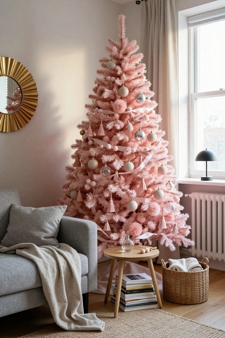 Living room corner with tall artificial pink Christmas tree decorated in pink tassels, pom poms, glass balls, and ribbons, beside gray sofa, gold sunburst mirror, wooden side table, and woven basket.