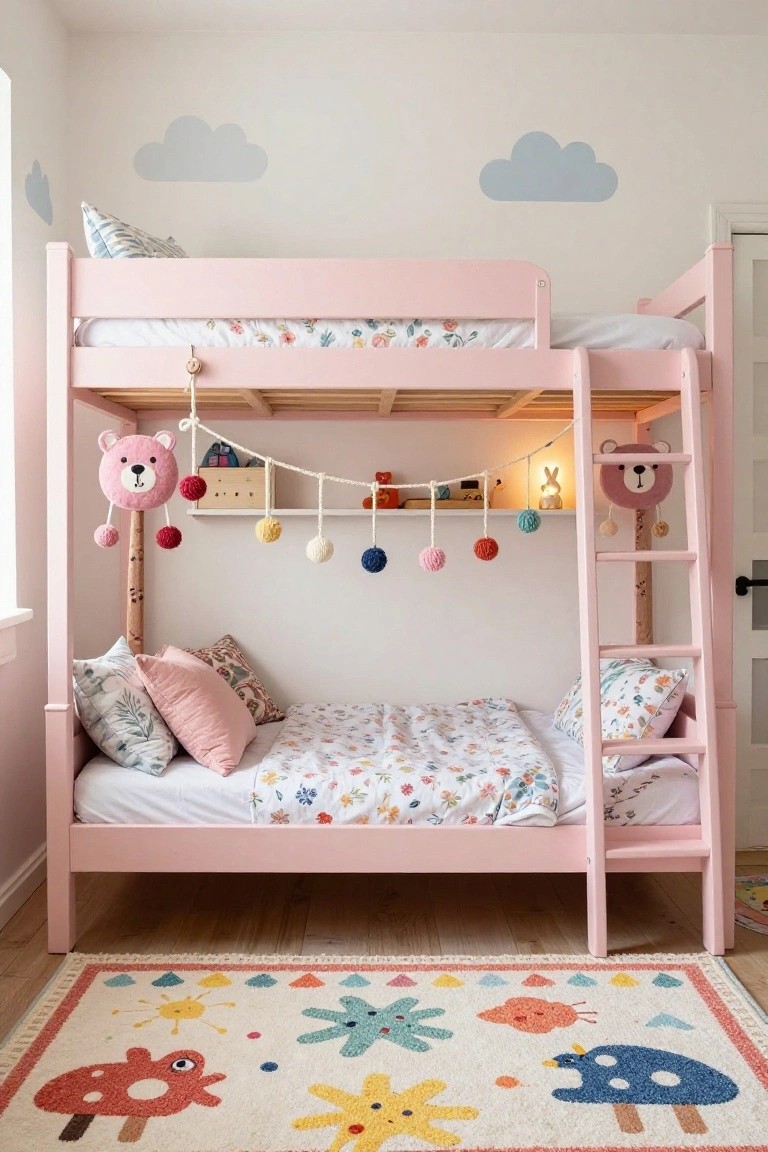Pink wooden bunk bed in a child's bedroom with plush pink bear heads on the corner posts, multicolored pom pom garland strung between them, cloud wall decals, patterned bedding, and a colorful animal-print rug on the floor.