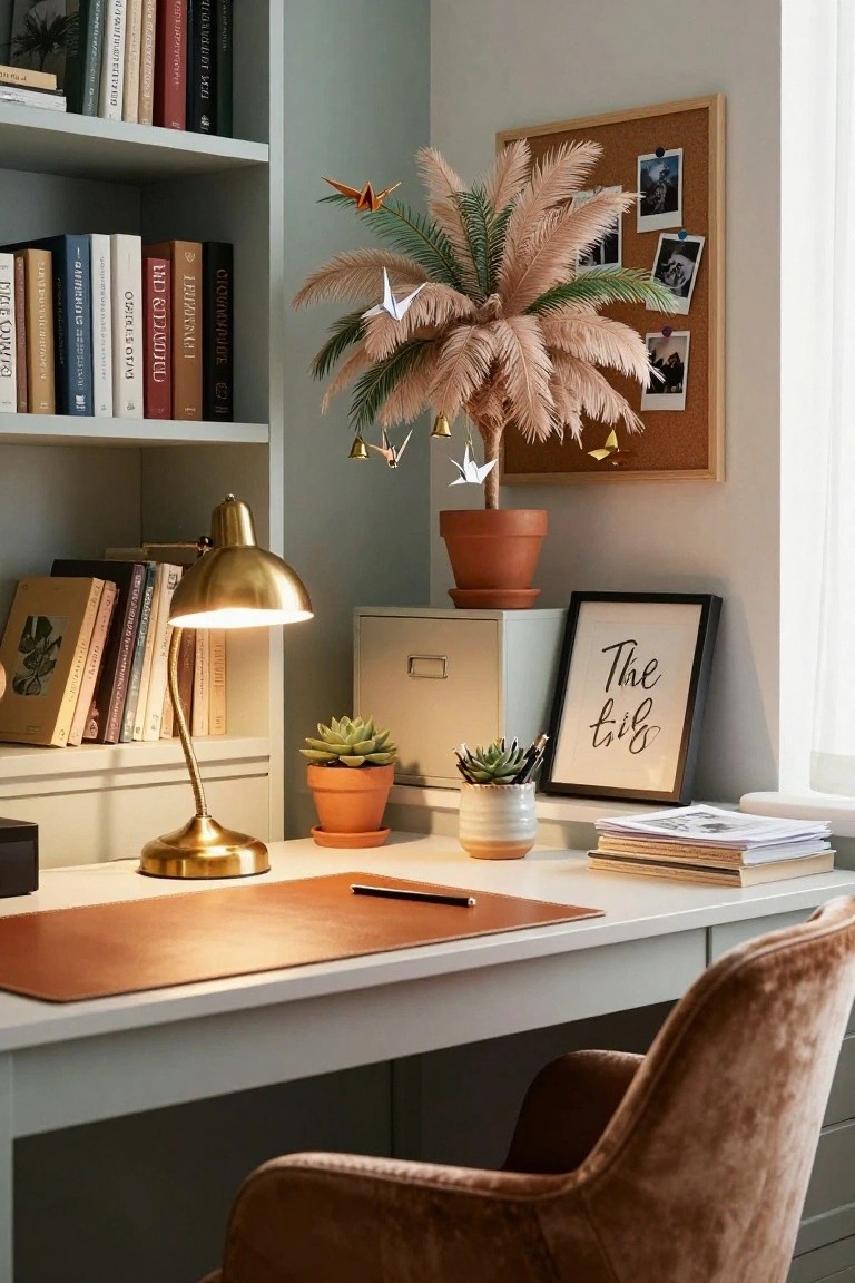 Home office interior with sage green walls, wooden bookshelves filled with books, a white desk topped with a tan leather blotter and gold gooseneck lamp, potted pink feathery palm plant, hanging origami cranes, corkboard with photos, black frame art, small succulents, and rust-colored velvet chair.