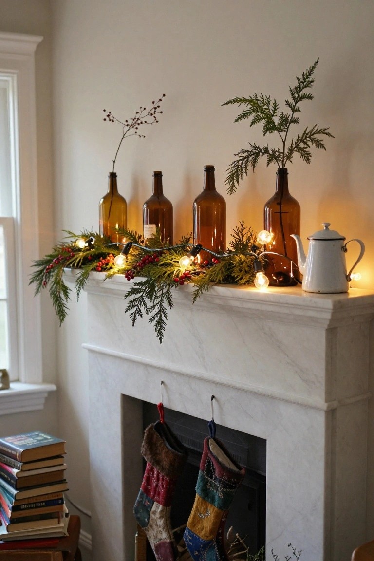 White marble fireplace mantel decorated with assorted amber glass bottles holding greenery and branches, a garland of cedar with red berries and fairy lights, a white enamel teapot, and colorful patterned stockings hanging from hooks below.