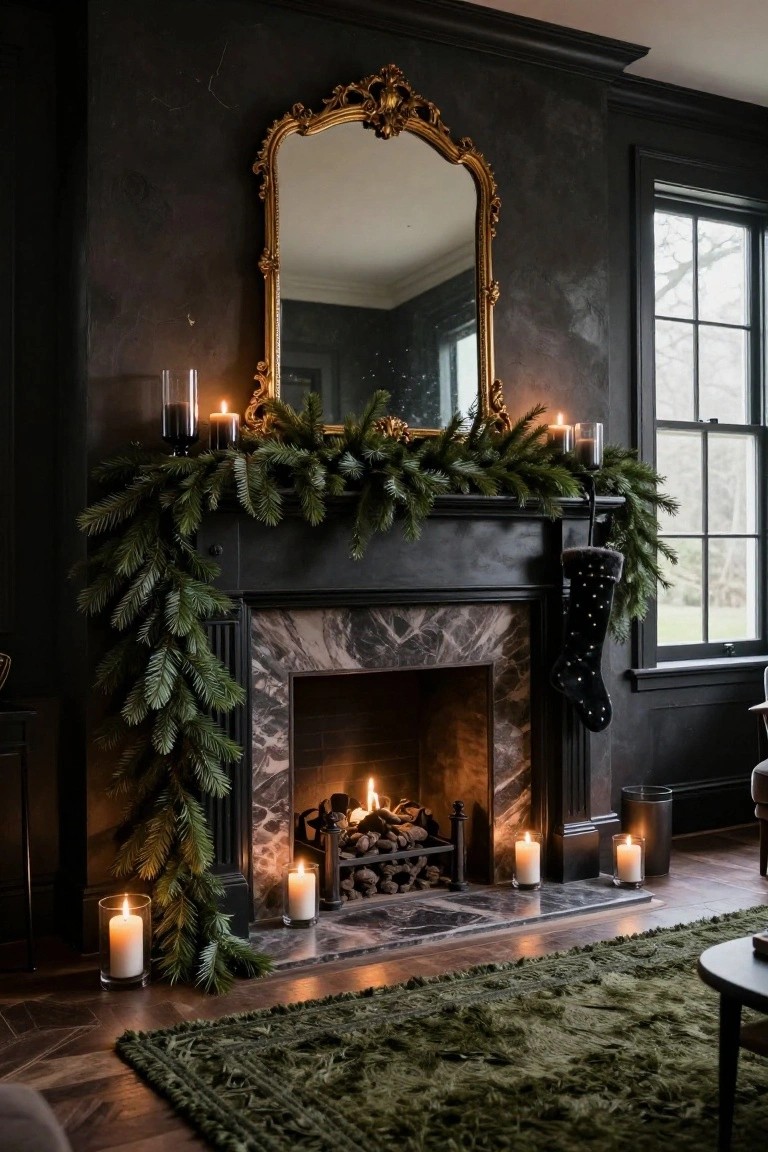 Dark-walled interior room with large gold-framed mirror above black marble fireplace mantel decorated with lush evergreen garland, multiple candles in glass holders, and black stocking hanging from the side.