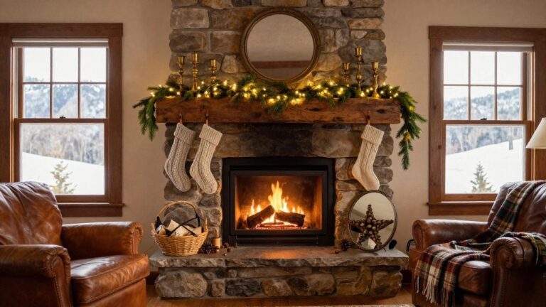 Stone fireplace mantel on wooden beam decorated with evergreen garland strung with fairy lights, brass candlesticks, knit stockings in white and brown, and a woven star, with birch log basket nearby and leather armchairs with plaid blanket in the room.