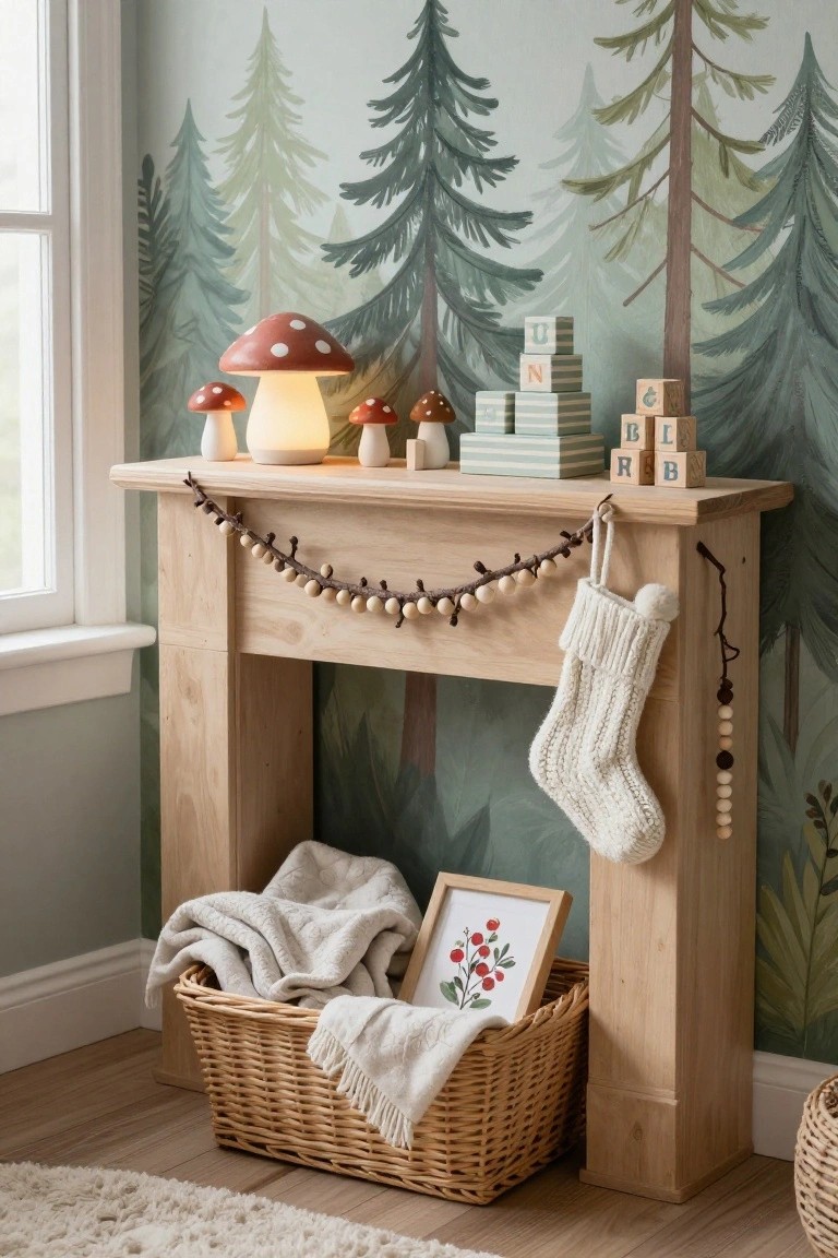 Light wooden faux fireplace mantel on a wall with green forest tree mural wallpaper, topped with mushroom lamps, wooden letter blocks, and small toadstools, a white knit Christmas stocking hanging from the side, twig and bead garland across the top, and a wicker basket holding gray blankets below.