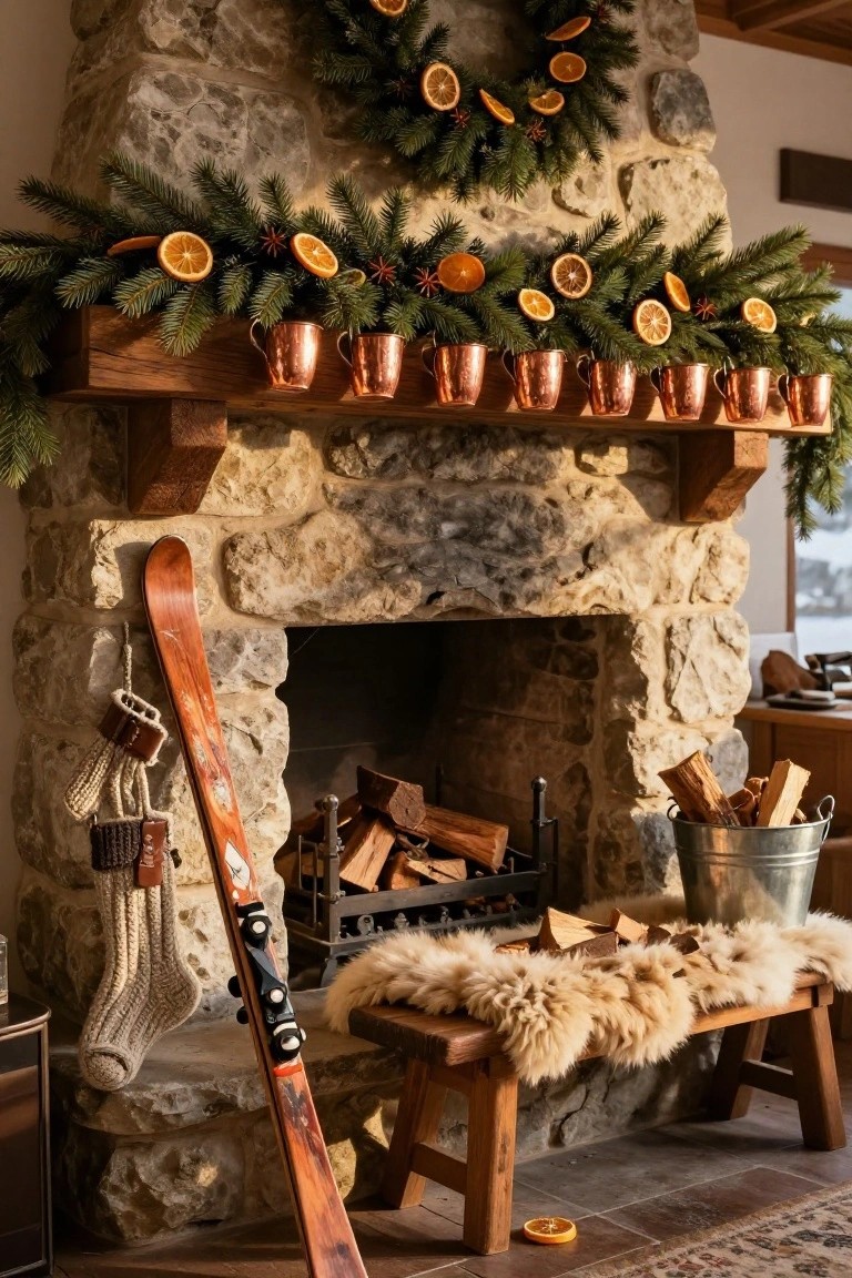 Stone fireplace mantel with pine garland, dried orange slices, star anise, and copper mugs, wooden skis leaning against the side wall, knit stocking attached to skis, sheepskin on wooden bench in front, firewood bucket nearby.